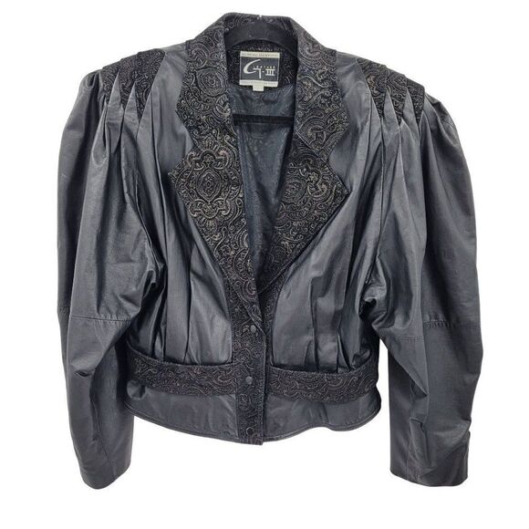 Vintage 80's Jacket Leather Bomber Multimedia Metallic Embossed Suede Black L - Picture 1 of 16